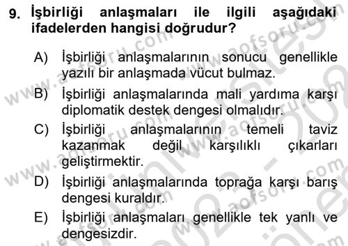 Diplomasi Tarihi Dersi 2023 - 2024 Yılı (Final) Dönem Sonu Sınav Soruları 9. Soru
