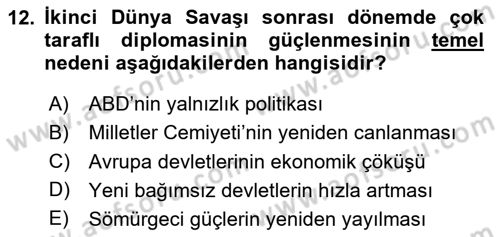 Diplomasi Tarihi Dersi 2025 - 2026 Yılı (Vize) Ara Sınav Soruları 12. Soru