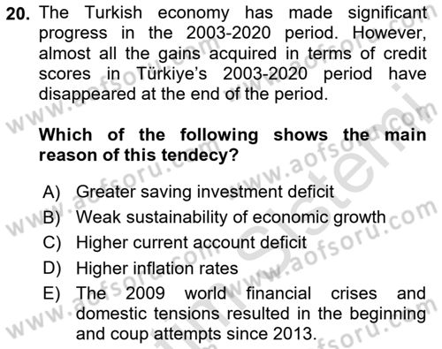 Turkish Economy Dersi 2024 - 2025 Yılı Yaz Okulu Sınav Soruları 20. Soru