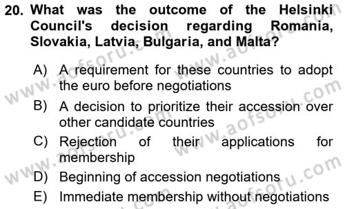 The European Union and Global Politics Dersi 2023 - 2024 Yılı (Vize) Ara Sınav Soruları 20. Soru