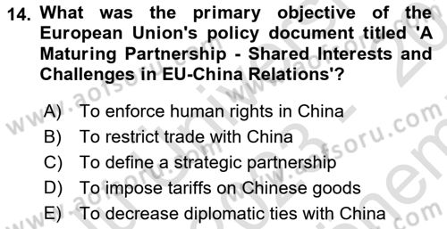 The European Union and Global Politics Dersi 2023 - 2024 Yılı (Final) Dönem Sonu Sınav Soruları 14. Soru