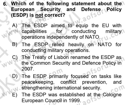 The European Union and Global Politics Dersi 2023 - 2024 Yılı Yaz Okulu Sınav Soruları 6. Soru