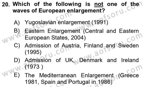 The European Union and Global Politics Dersi 2024 - 2025 Yılı (Vize) Ara Sınav Soruları 20. Soru