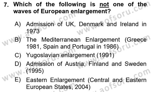 The European Union In World Affairs Dersi 2023 - 2024 Yılı Yaz Okulu Sınavı 7. Soru