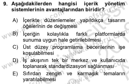 İçerik Yönetim Sistemleri Dersi Ara Sınavı Deneme Sınav Soruları 9. Soru