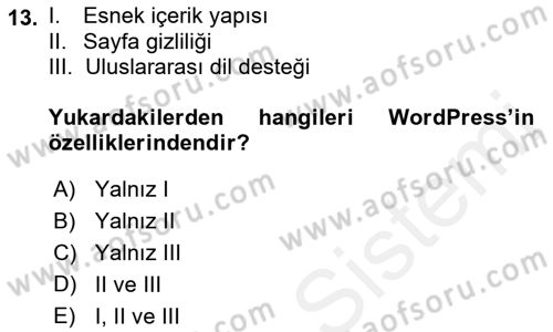 İçerik Yönetim Sistemleri Dersi Ara Sınavı Deneme Sınav Soruları 13. Soru