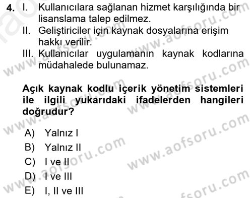 İçerik Yönetim Sistemleri Dersi Ara Sınavı Deneme Sınav Soruları 4. Soru