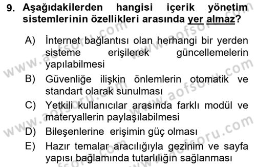 İçerik Yönetim Sistemleri Dersi 2018 - 2019 Yılı Yaz Okulu Sınav Soruları 9. Soru