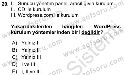 İçerik Yönetim Sistemleri Dersi Ara Sınavı Deneme Sınav Soruları 20. Soru