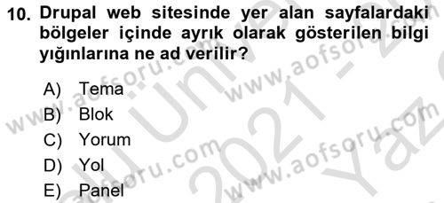 İçerik Yönetim Sistemleri Dersi 2021 - 2022 Yılı Yaz Okulu Sınav Soruları 10. Soru