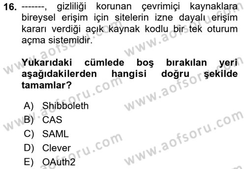 Öğrenme Yönetim Sistemleri Dersi 2021 - 2022 Yılı Yaz Okulu Sınavı 16. Soru