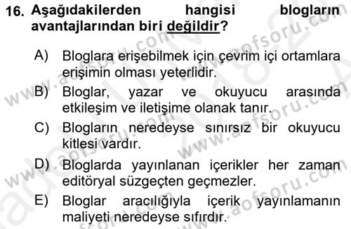 Web Yayıncılığı Dersi 2018 - 2019 Yılı (Vize) Ara Sınav Soruları 16. Soru