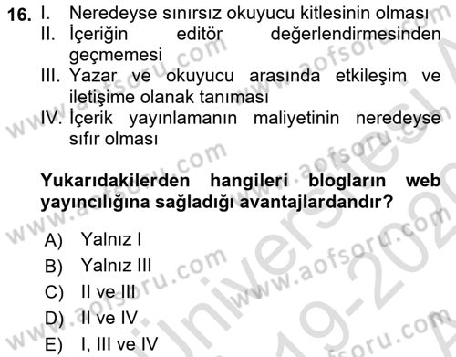 Web Yayıncılığı Dersi 2019 - 2020 Yılı (Vize) Ara Sınav Soruları 16. Soru