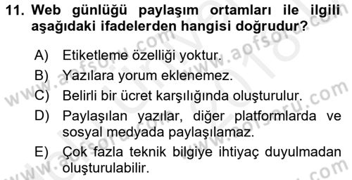 Web Okuryazarlığı Dersi 2017 - 2018 Yılı 3 Ders Sınav Soruları 11. Soru