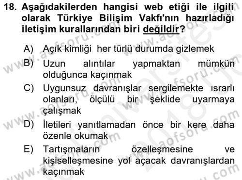 Web Okuryazarlığı Dersi 2017 - 2018 Yılı 3 Ders Sınav Soruları 18. Soru
