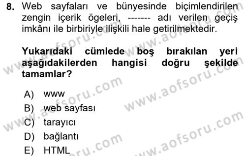 Web Okuryazarlığı Dersi Ara Sınavı Deneme Sınav Soruları 8. Soru