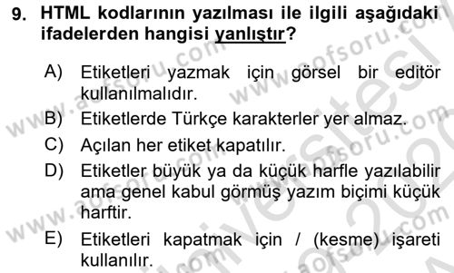 Web Okuryazarlığı Dersi Ara Sınavı Deneme Sınav Soruları 9. Soru