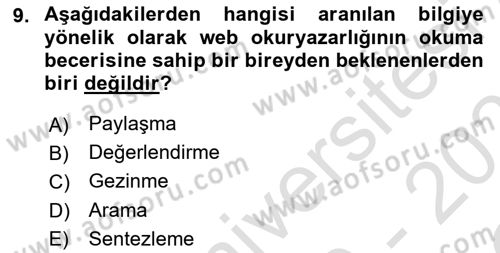 Web Okuryazarlığı Dersi 2020 - 2021 Yılı Yaz Okulu Sınavı 9. Soru