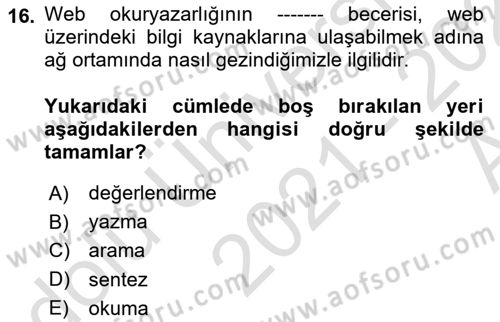 Web Okuryazarlığı Dersi Ara Sınavı Deneme Sınav Soruları 16. Soru