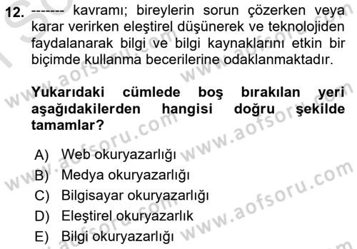Web Okuryazarlığı Dersi 2025 - 2026 Yılı (Final) Dönem Sonu Sınav Soruları 12. Soru