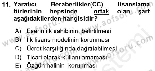 Web’de Telif Hakları ve Etik Dersi 2017 - 2018 Yılı 3 Ders Sınav Soruları 11. Soru