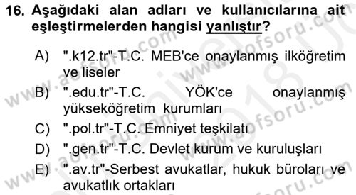 Web’de Telif Hakları ve Etik Dersi 2017 - 2018 Yılı 3 Ders Sınav Soruları 16. Soru