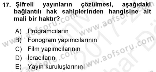 Web’de Telif Hakları ve Etik Dersi 2017 - 2018 Yılı (Vize) Ara Sınav Soruları 17. Soru