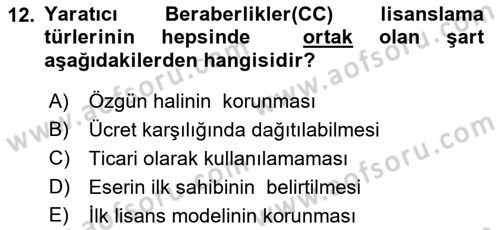 Web’de Telif Hakları ve Etik Dersi 2017 - 2018 Yılı (Final) Dönem Sonu Sınav Soruları 12. Soru