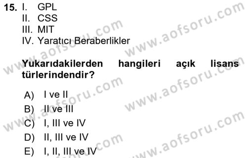 Web’de Telif Hakları ve Etik Dersi 2018 - 2019 Yılı 3 Ders Sınav Soruları 15. Soru