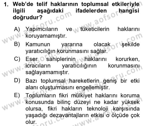 Web’de Telif Hakları ve Etik Dersi 2018 - 2019 Yılı (Vize) Ara Sınav Soruları 1. Soru