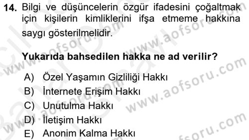 Web’de Telif Hakları ve Etik Dersi 2018 - 2019 Yılı (Final) Dönem Sonu Sınav Soruları 14. Soru