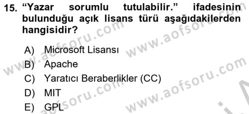 Web’de Telif Hakları ve Etik Dersi 2018 - 2019 Yılı Yaz Okulu Sınav Soruları 15. Soru