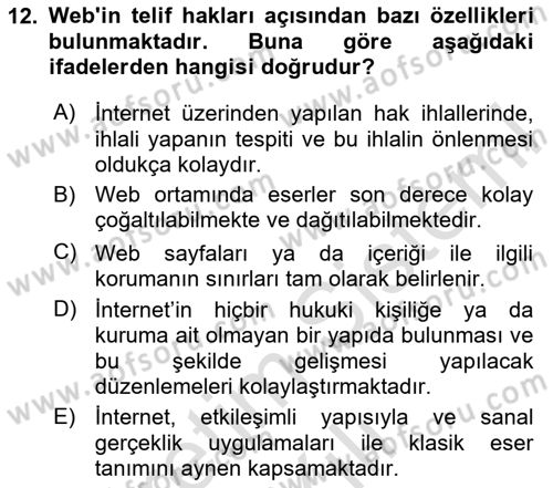 Web’de Telif Hakları ve Etik Dersi 2020 - 2021 Yılı Yaz Okulu Sınav Soruları 12. Soru