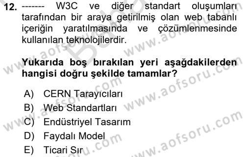 Web’de Telif Hakları ve Etik Dersi 2021 - 2022 Yılı (Final) Dönem Sonu Sınav Soruları 12. Soru
