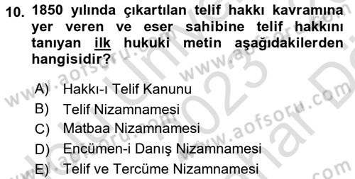 Web’de Telif Hakları ve Etik Dersi 2023 - 2024 Yılı (Vize) Ara Sınav Soruları 10. Soru