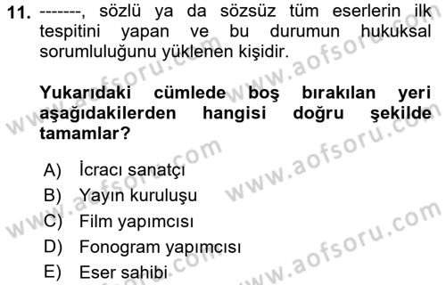 Web’de Telif Hakları ve Etik Dersi 2023 - 2024 Yılı (Vize) Ara Sınav Soruları 11. Soru