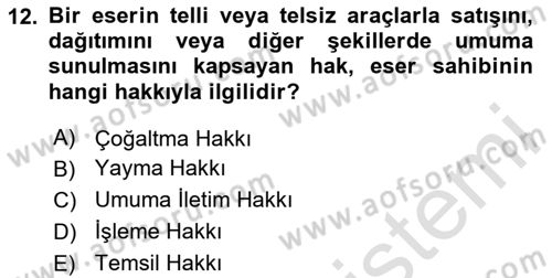 Web’de Telif Hakları ve Etik Dersi 2023 - 2024 Yılı (Vize) Ara Sınav Soruları 12. Soru