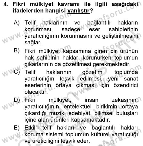 Web’de Telif Hakları ve Etik Dersi 2023 - 2024 Yılı (Vize) Ara Sınav Soruları 4. Soru