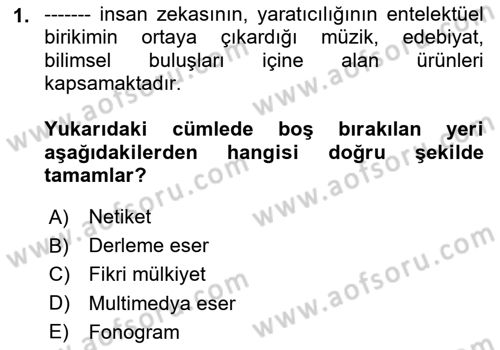 Web’de Telif Hakları ve Etik Dersi 2023 - 2024 Yılı (Final) Dönem Sonu Sınav Soruları 1. Soru
