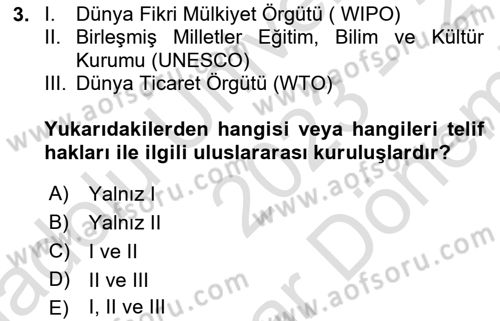 Web’de Telif Hakları ve Etik Dersi 2023 - 2024 Yılı (Final) Dönem Sonu Sınav Soruları 3. Soru