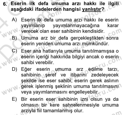 Web’de Telif Hakları ve Etik Dersi 2023 - 2024 Yılı (Final) Dönem Sonu Sınav Soruları 6. Soru