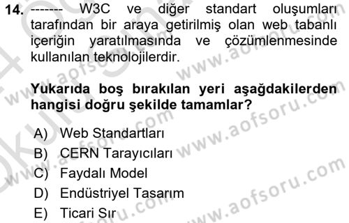 Web’de Telif Hakları ve Etik Dersi 2023 - 2024 Yılı Yaz Okulu Sınav Soruları 14. Soru