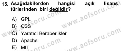 Web’de Telif Hakları ve Etik Dersi 2023 - 2024 Yılı Yaz Okulu Sınav Soruları 15. Soru
