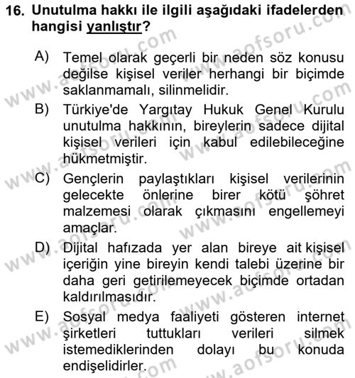 Web’de Telif Hakları ve Etik Dersi 2023 - 2024 Yılı Yaz Okulu Sınav Soruları 16. Soru