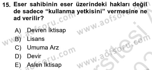 Web’de Telif Hakları ve Etik Dersi 2024 - 2025 Yılı (Vize) Ara Sınav Soruları 15. Soru