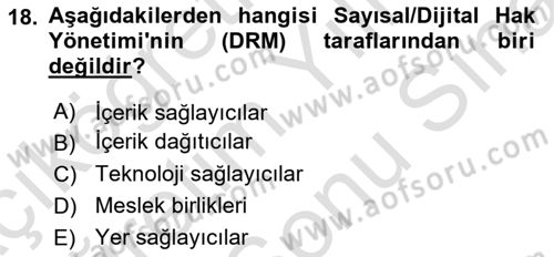 Web’de Telif Hakları ve Etik Dersi 2024 - 2025 Yılı (Final) Dönem Sonu Sınav Soruları 18. Soru