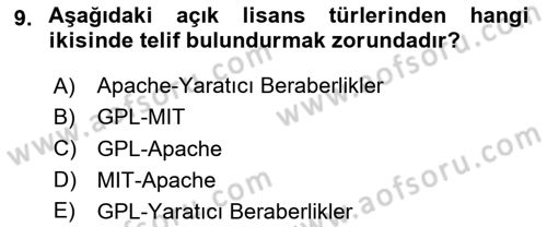 Web’de Telif Hakları ve Etik Dersi 2024 - 2025 Yılı (Final) Dönem Sonu Sınav Soruları 9. Soru