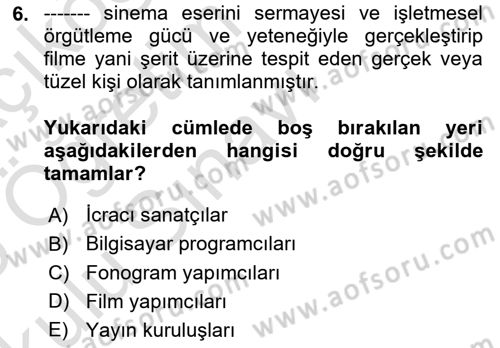 Web’de Telif Hakları ve Etik Dersi 2024 - 2025 Yılı Yaz Okulu Sınav Soruları 6. Soru