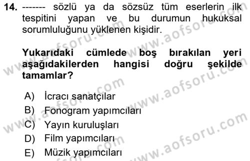 Web’de Telif Hakları ve Etik Dersi 2025 - 2026 Yılı (Vize) Ara Sınav Soruları 14. Soru