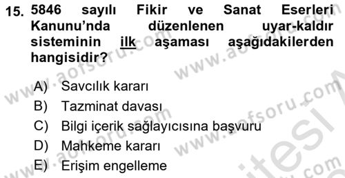 Web’de Telif Hakları ve Etik Dersi 2025 - 2026 Yılı (Vize) Ara Sınav Soruları 15. Soru